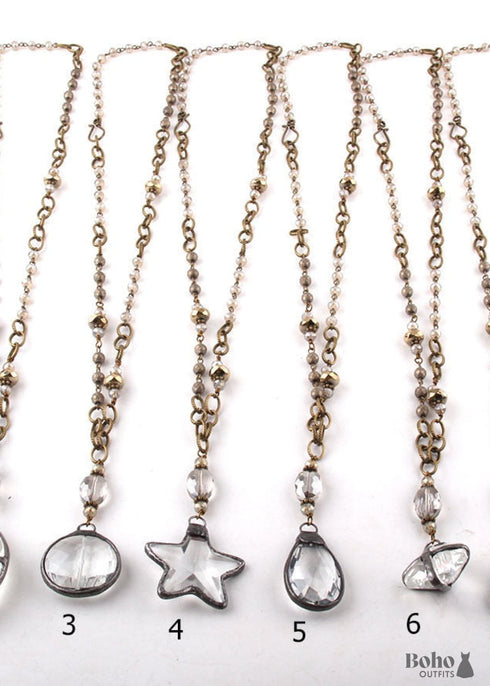 Boho Necklace, RH Antique Brass Silver Stone Glass